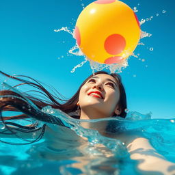 A captivating scene depicting a beautiful Korean woman partially submerged in a sparkling blue swimming pool, her expression filled with wonder as she gazes up at a vibrant ball that is rising powerfully above the water's surface