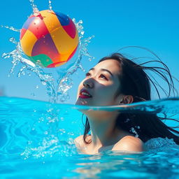 A captivating scene depicting a beautiful Korean woman partially submerged in a sparkling blue swimming pool, her expression filled with wonder as she gazes up at a vibrant ball that is rising powerfully above the water's surface