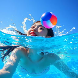 A captivating scene depicting a beautiful Korean woman partially submerged in a sparkling blue swimming pool, her expression filled with wonder as she gazes up at a vibrant ball that is rising powerfully above the water's surface