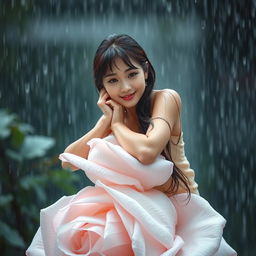 A beautiful Korean woman with an elegant appearance sitting on a large blooming white rose bud while glancing softly at the camera with a gentle smile