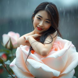 A beautiful Korean woman with an elegant appearance sitting on a large blooming white rose bud while glancing softly at the camera with a gentle smile