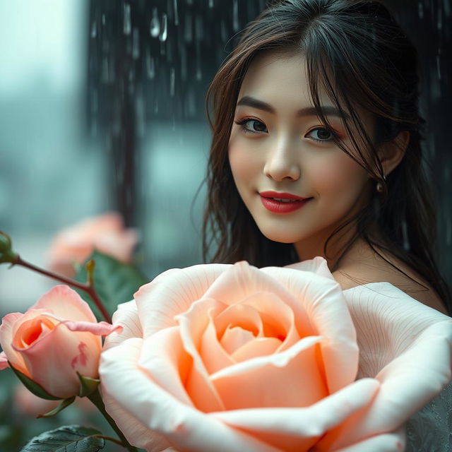 A beautiful Korean woman with an elegant appearance sitting on a large blooming white rose bud while glancing softly at the camera with a gentle smile