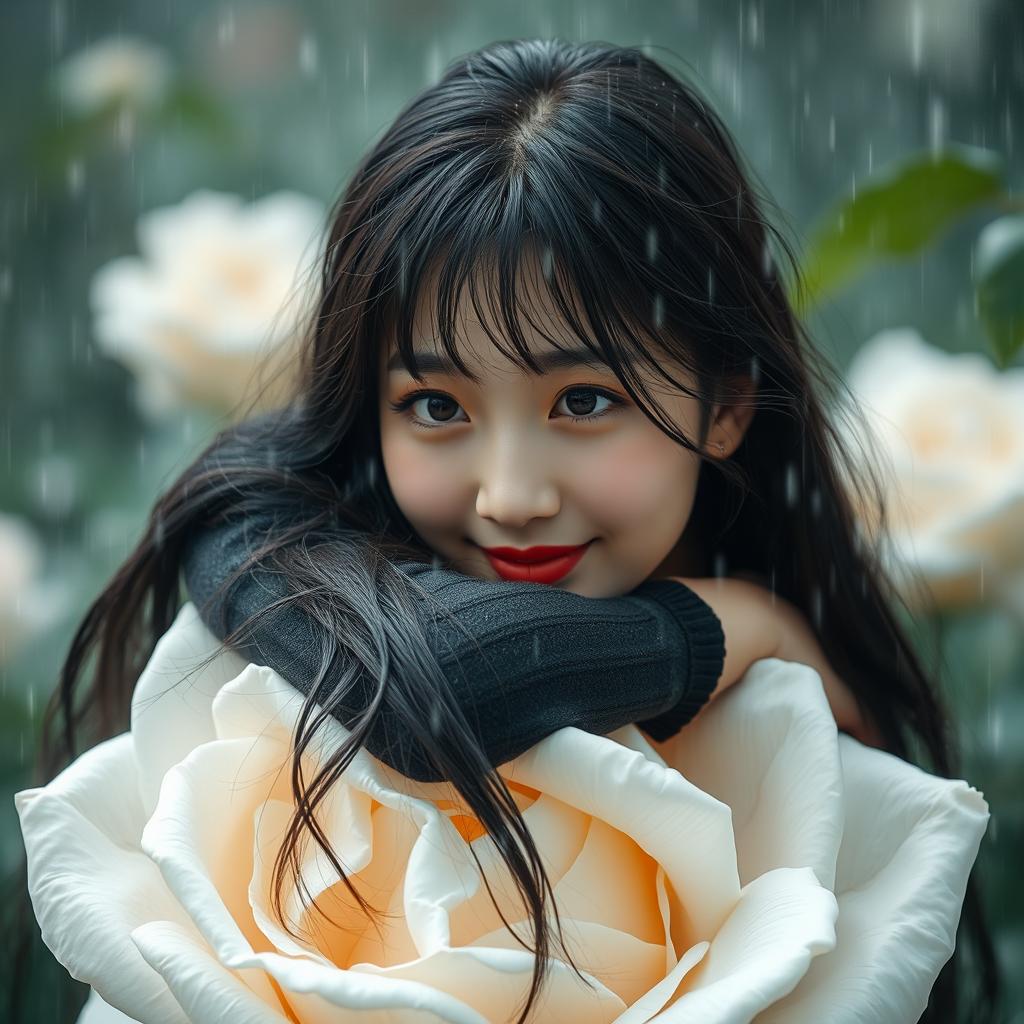 A beautiful Korean woman with an elegant appearance sitting on a large blooming white rose bud while glancing softly at the camera with a gentle smile