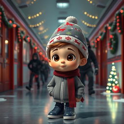 a whimsical 3D animated scene set inside the corridor of an empty school during a winter night, decorated with vibrant Christmas lights and decorations