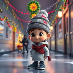 a whimsical 3D animated scene set inside the corridor of an empty school during a winter night, decorated with vibrant Christmas lights and decorations