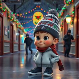 a whimsical 3D animated scene set inside the corridor of an empty school during a winter night, decorated with vibrant Christmas lights and decorations