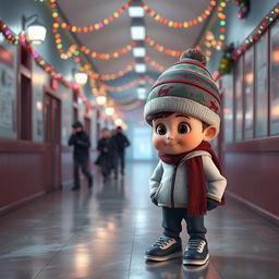 a whimsical 3D animated scene set inside the corridor of an empty school during a winter night, decorated with vibrant Christmas lights and decorations