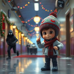 a whimsical 3D animated scene set in the corridor of an empty school during a winter night, filled with vibrant Christmas decorations and lights