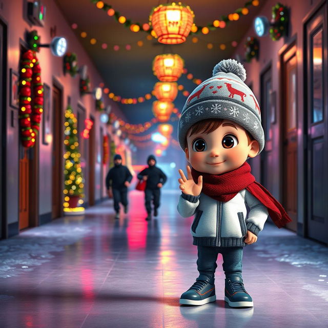 a whimsical 3D animated scene set in the corridor of an empty school during a winter night, filled with vibrant Christmas decorations and lights