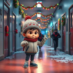 a whimsical 3D animated scene set in the corridor of an empty school during a winter night, filled with vibrant Christmas decorations and lights