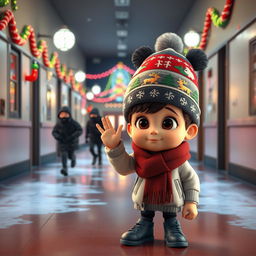 a whimsical 3D animated scene set in the corridor of an empty school during a winter night, filled with vibrant Christmas decorations and lights