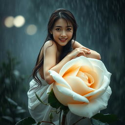 A beautiful Korean woman with an elegant appearance sitting gracefully atop a large blooming white rose bud, looking softly towards the camera with a gentle smile