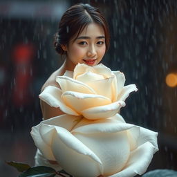 A beautiful Korean woman with an elegant appearance sitting gracefully atop a large blooming white rose bud, looking softly towards the camera with a gentle smile