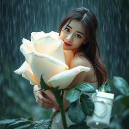 A beautiful Korean woman with an elegant appearance sitting gracefully atop a large blooming white rose bud, looking softly towards the camera with a gentle smile