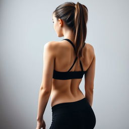 A seductive 18-year-old girl with brown hair tied in a ponytail, featuring a slim body, viewed from behind