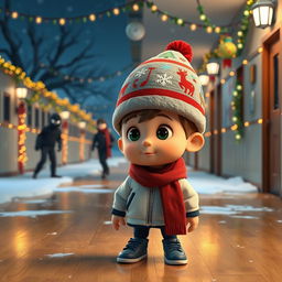 a whimsical 3D animated scene set inside an empty school corridor during a winter night, decorated with cheerful Christmas lights and ornaments
