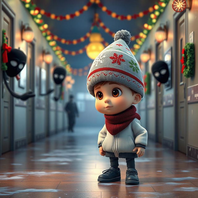 a whimsical 3D animated scene set inside an empty school corridor during a winter night, decorated with cheerful Christmas lights and ornaments