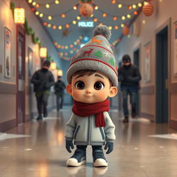 a whimsical 3D animated scene set inside an empty school corridor during a winter night, decorated with cheerful Christmas lights and ornaments
