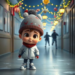 a whimsical 3D animated scene set inside an empty school corridor during a winter night, decorated with cheerful Christmas lights and ornaments