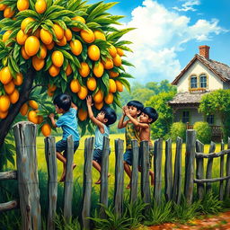 Acrylic painting depicting four young boys climbing over a fence, eagerly reaching towards a lush mango tree filled with sweet-looking mangoes