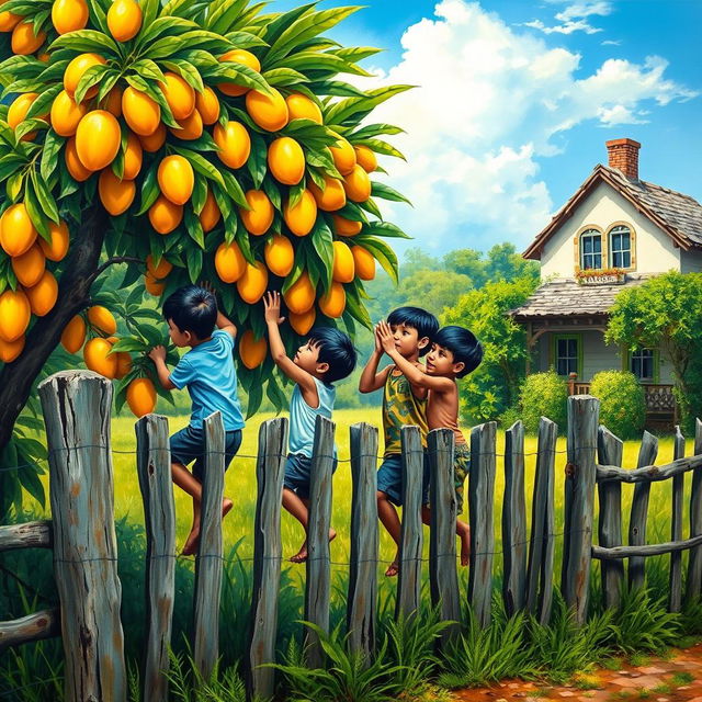 Acrylic painting depicting four young boys climbing over a fence, eagerly reaching towards a lush mango tree filled with sweet-looking mangoes