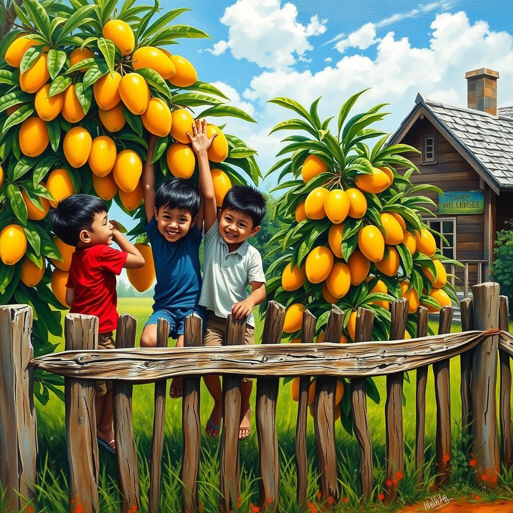 Acrylic painting depicting four young boys climbing over a fence, eagerly reaching towards a lush mango tree filled with sweet-looking mangoes