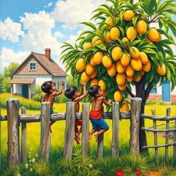 Acrylic painting depicting four young boys climbing over a fence, eagerly reaching towards a lush mango tree filled with sweet-looking mangoes