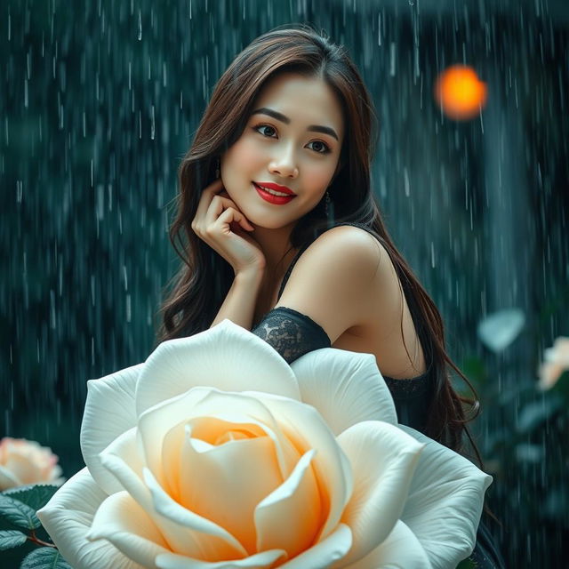 A beautiful Korean woman with an elegant appearance, sitting on a large blooming white rose while glancing softly at the camera with a gentle smile