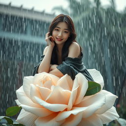 A beautiful Korean woman with an elegant appearance, sitting on a large blooming white rose while glancing softly at the camera with a gentle smile