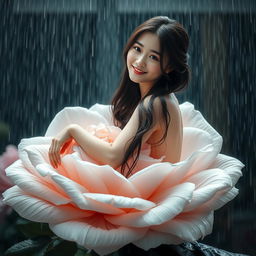 A beautiful Korean woman with an elegant appearance, sitting on a large blooming white rose while glancing softly at the camera with a gentle smile