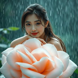 A beautiful Korean woman with an elegant appearance, sitting on a large blooming white rose while glancing softly at the camera with a gentle smile