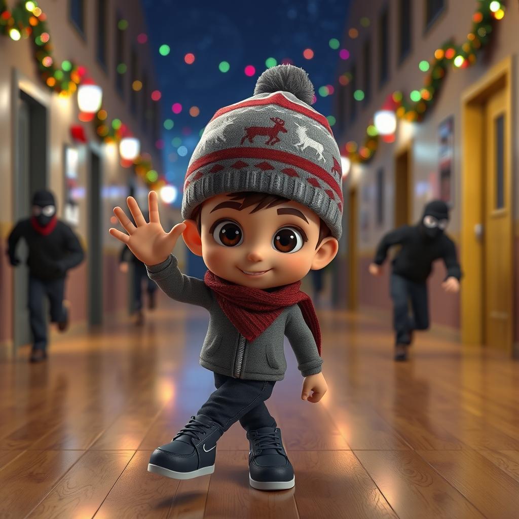 a playful 3D animated scene set inside an empty school corridor during a winter night, adorned with colorful Christmas lights and decorations