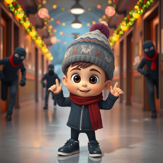 a playful 3D animated scene set inside an empty school corridor during a winter night, adorned with colorful Christmas lights and decorations