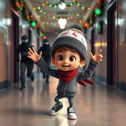 a playful 3D animated scene set inside an empty school corridor during a winter night, adorned with colorful Christmas lights and decorations