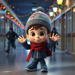 a playful 3D animated scene set inside an empty school corridor during a winter night, adorned with colorful Christmas lights and decorations