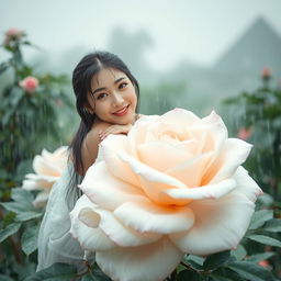 A beautiful Korean woman of elegant appearance sitting atop a large blooming white rose, casting a gentle smile and glancing towards the camera