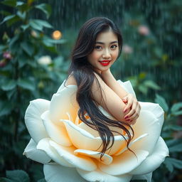 A beautiful Korean woman of elegant appearance sitting atop a large blooming white rose, casting a gentle smile and glancing towards the camera