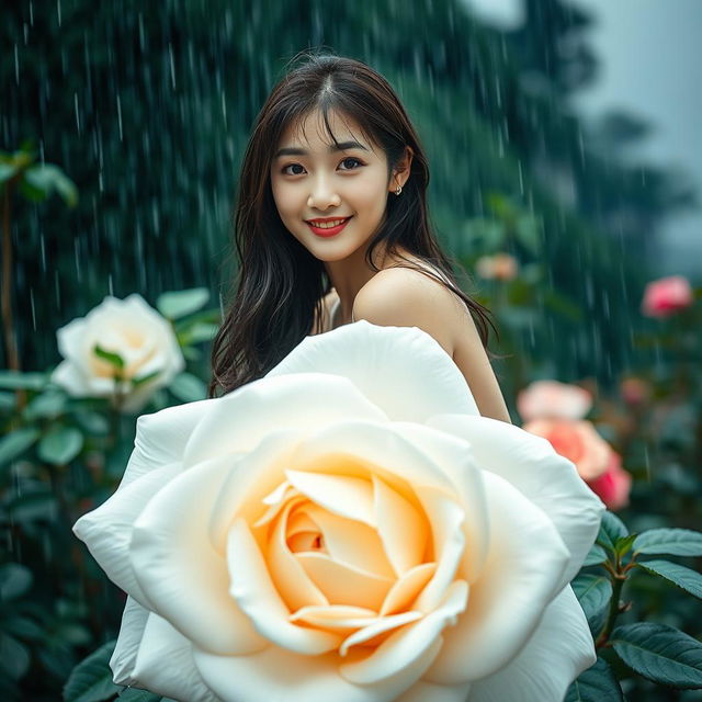 A beautiful Korean woman of elegant appearance sitting atop a large blooming white rose, casting a gentle smile and glancing towards the camera