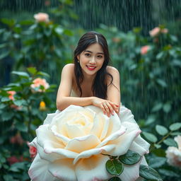 A beautiful Korean woman of elegant appearance sitting atop a large blooming white rose, casting a gentle smile and glancing towards the camera