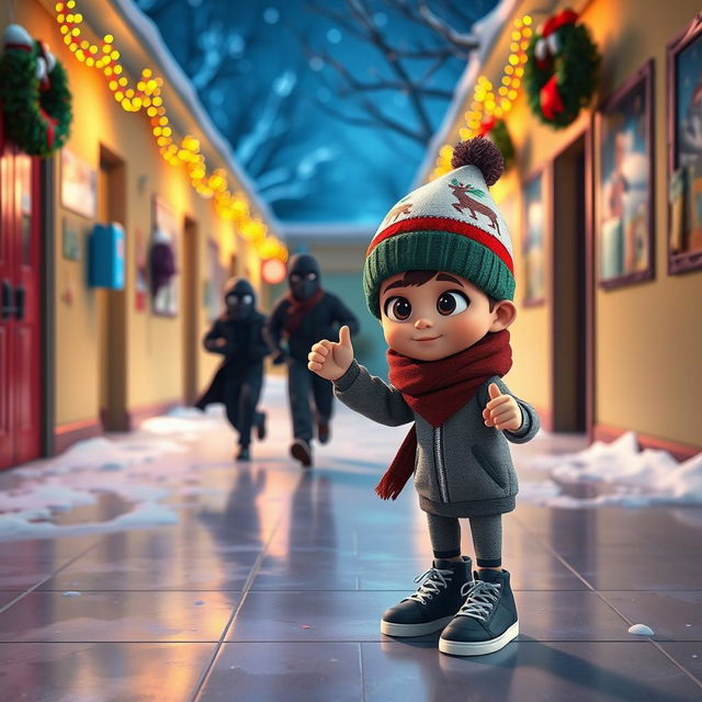 a vibrant 3D animated scene set inside an empty school corridor during a winter night, adorned with colorful Christmas decorations and lights