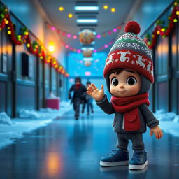a vibrant 3D animated scene set inside an empty school corridor during a winter night, adorned with colorful Christmas decorations and lights