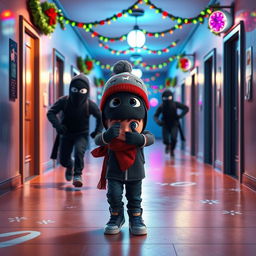 a vibrant 3D animated scene set inside an empty school corridor during a winter night, adorned with colorful Christmas decorations and lights