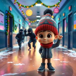 a vibrant 3D animated scene set inside an empty school corridor during a winter night, adorned with colorful Christmas decorations and lights