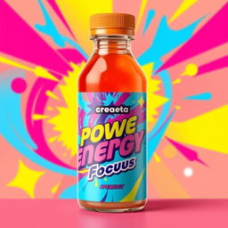 A small bottled drink design for 'createa', prominently featuring the words 'power', 'energy', and 'focus' in bold, eye-catching typography