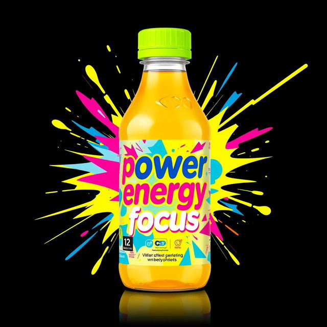 A small bottled drink design for 'createa', prominently featuring the words 'power', 'energy', and 'focus' in bold, eye-catching typography