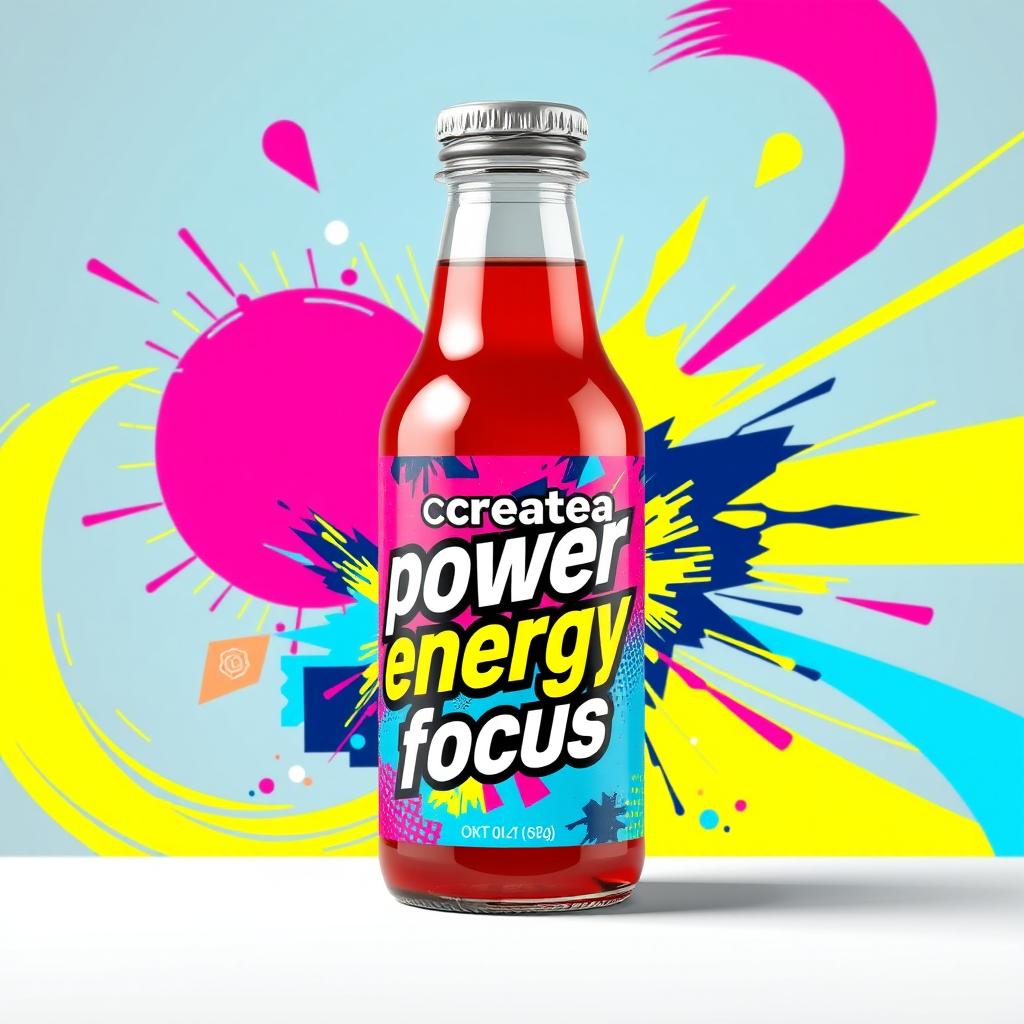 A small bottled drink design for 'createa', prominently featuring the words 'power', 'energy', and 'focus' in bold, eye-catching typography