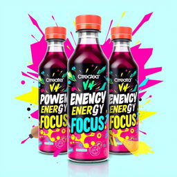 A small bottled drink design for 'createa', prominently featuring the words 'power', 'energy', and 'focus' in bold, eye-catching typography