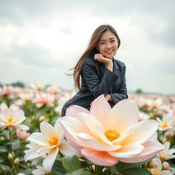 A beautiful young Korean woman, captivating and charming, sitting gracefully atop a large jasmine flower, casting a gentle smile at the camera