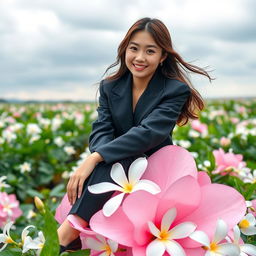 A beautiful young Korean woman, captivating and charming, sitting gracefully atop a large jasmine flower, casting a gentle smile at the camera