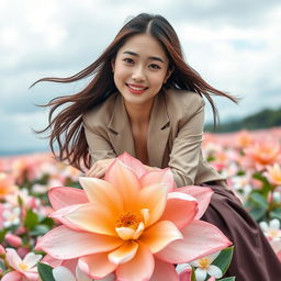 A beautiful young Korean woman, captivating and charming, sitting gracefully atop a large jasmine flower, casting a gentle smile at the camera